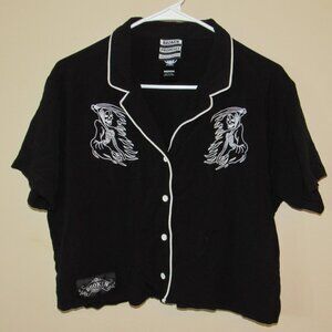 Broken Promises Grim Reaper Embroidered Button Front Shirt sz M Goth Scary